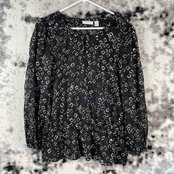 Chicos Blouse Women's Size Medium (1) Geometric Black Rayon Nylon Keyhole Front - Picture 2 of 8